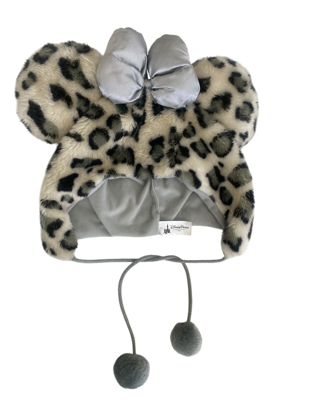 Disney Parks Gray Faux Fur Leopard Print Ear Beanie Hat with Silver Bow Accent